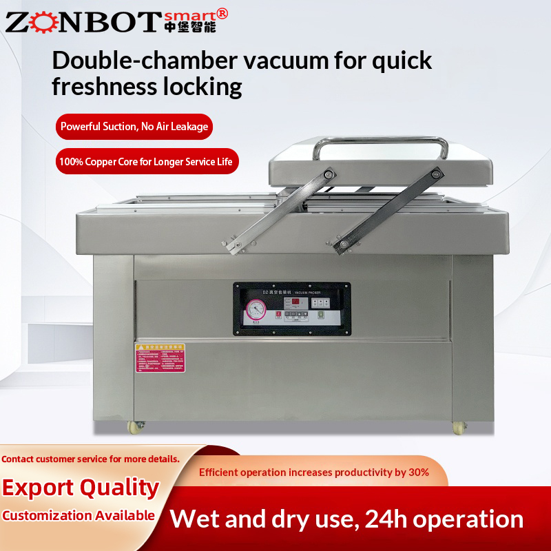 Double-Chamber Vacuum Machine | Commercial Large-Scale Food & Seafood Vacuum Sealer | Dual-Hopper Grooved Cooked Food Packaging & Sealing Machine