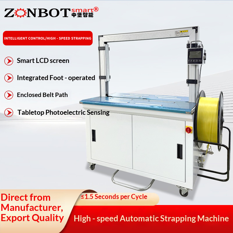 Fully automatic strapping machine for cartons with PP straps, integrated belt channel design and automatic belt feeding and threading